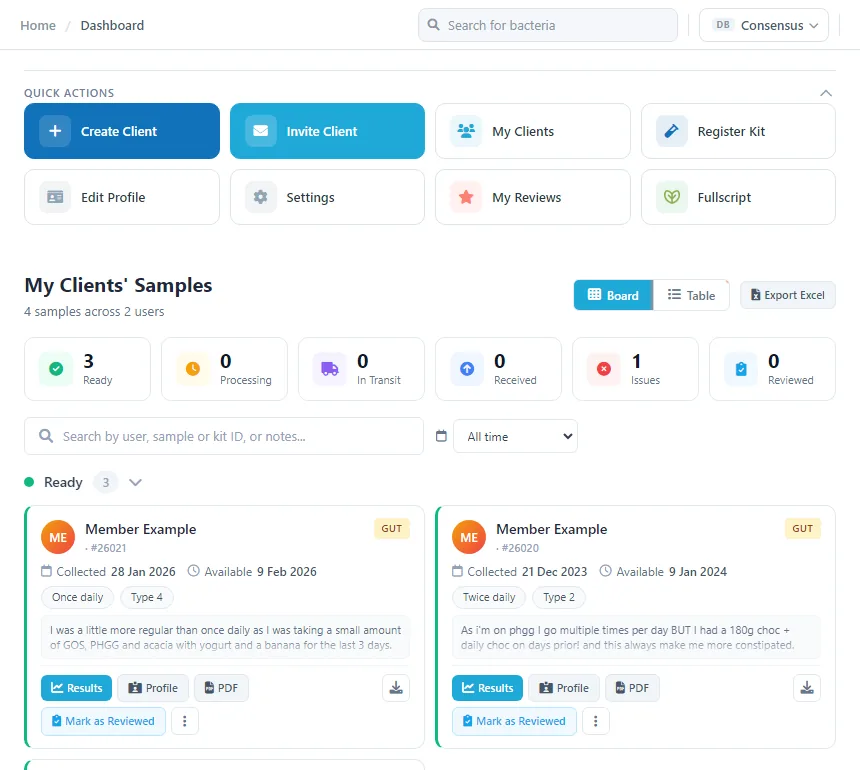 The Biomesight practitioner dashboard, with quick actions and a board of clients' samples